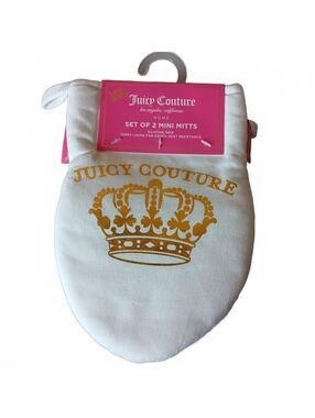 Juicy Couture Mini Oven Mitt Set Gold Crown Hearts White Kitchen NWT 2 Piece Set